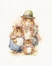 Watercolor drawing family of hamsters, cartoon rodent hamster