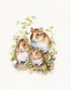 Watercolor drawing family of hamsters, cartoon rodent hamster