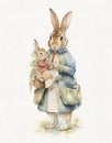 Watercolor drawing of a happy family of rabbit mom and baby in vintage clothes, cartoon rabbit Royalty Free Stock Photo