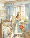 Watercolor drawing of a happy family of rabbit mom and baby in vintage clothes, cartoon rabbit Royalty Free Stock Photo