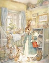 Watercolor drawing of a happy family of rabbit mom and baby in vintage clothes, cartoon rabbit Royalty Free Stock Photo