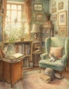 Watercolor drawing of a vintage living room, an armchair in a room in pastel colors Royalty Free Stock Photo