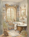 Watercolor drawing of a vintage bathroom in pastel colors