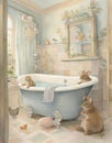 Watercolor drawing of a vintage bathroom in pastel colors