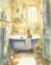 Watercolor drawing of a vintage bathroom in pastel colors