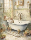 Watercolor drawing of a vintage bathroom in pastel colors