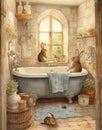 Watercolor drawing of a vintage bathroom in pastel colors