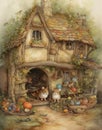 watercolor drawing of a mouse house, fabulous animal house, vintage style