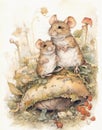 Watercolor vintage drawing children\'s book illustration family of mice in fairy forest