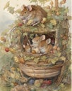 Watercolor vintage drawing children\'s book illustration family of mice in fairy forest