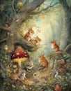 Watercolor vintage drawing children\'s book illustration family of mice in fairy forest