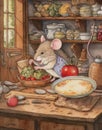 watercolor drawing mouse chef cooks in the kitchen, forest house