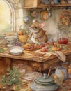 watercolor drawing mouse chef cooks in the kitchen, forest house