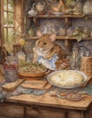 watercolor drawing mouse chef cooks in the kitchen, forest house