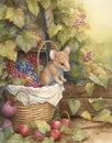 watercolor drawing little mouse picking berries in a basket, fairy forest