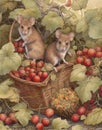 watercolor drawing little mouse picking berries in a basket, fairy forest