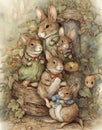 Watercolor vintage drawing children\'s book illustration family of mice in fairy forest