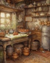 watercolor drawing rustic kitchen, kitchen utensils in vintage style Royalty Free Stock Photo