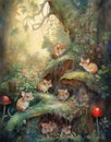 Watercolor vintage drawing children\'s book illustration family of mice in fairy forest