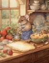 watercolor drawing mouse chef cooks in the kitchen, forest house