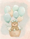 watercolor drawing cute bear birthday with balloons, birthday card