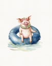 Illustration of a funny pig in a bathing suit swimming in an inflatable circle, a cartoon illustration of a farm animal Royalty Free Stock Photo