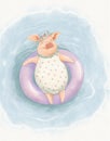 Illustration of a funny pig in a bathing suit swimming in an inflatable circle, a cartoon illustration of a farm animal Royalty Free Stock Photo