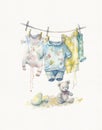 watercolor drawing washing and drying baby clothes, clothes for newborns