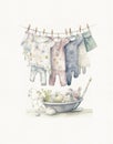watercolor drawing washing and drying baby clothes, clothes for newborns