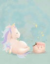 Fairytale magical unicorns birthday with cake, postcard with unicorn