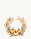 Watercolor drawing of an autumn wreath, a wreath of pumpkin foliage and autumn flowers Royalty Free Stock Photo