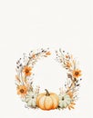 Watercolor drawing of an autumn wreath, a wreath of pumpkin foliage and autumn flowers Royalty Free Stock Photo