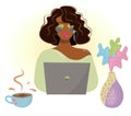 LGBT African American girl working at the computer. Vector portrait of a woman in glasses of rainbow colors, lgbt symbol