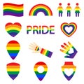 LGBT color icons set: gay, lesbian, rainbow, heart, map location, free love, flag, hand, support, stop homophobia, LGBT rights,