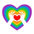 LGBT community pride concept with rainbow heart and heart-shaped hands. Vector illustration isolated.