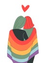LGBT concept. Bisexual couple hugging and holding lgbt flag. LGBT rainbow flag. Vector illustration in flat cartoon style. Love