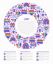 LGBT concept in circle with thin line icons: gay, lesbian, rainbow, coming out, free love, flag, support, stop homophobia, LGBT