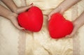 LGBT concept. Womens hands holding red hearts in the bed Royalty Free Stock Photo