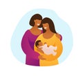 Lgbt couple with a child, two black mothers with a child. Young mother with a newborn baby and her mother. Flat vector