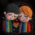 Lgbt couple. Embroidery colorful two boys. Tapestry decorative lgbt applique design. Modern textured cartoon gay love background.