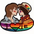 LGBT couple. Embroidery colorful two men. Tapestry decorative lgbt applique design. Modern textured cartoon gay love background.