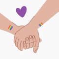 LGBT couple are holding hands. LGBT love concept. Hands with lgbt flags tattoos. Hold hands. Purple heart