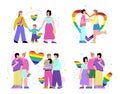 LGBT couples with rainbow symbols set of flat vector illustration isolated.