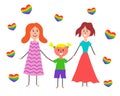 Lgbt family. Children`s drawing. Two happy lesbian women with girl. Royalty Free Stock Photo