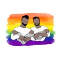 LGBT family hugs their child. African American foster fathers smile. Male gay couple with their children. Flat vector hand drawn
