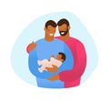 LGBT family hugs their child. Male gay couple with a son. A simple card about several generations, a grandson, a son and a