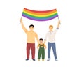 LGBT family men and baby holding a rainbow flag over their heads. Happy Pride month. vector illustration