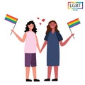 LGBT family two girls holding rainbow flags at the parade - Vector