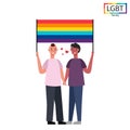 LGBT family two men holding a rainbow flag at the parade - Vector
