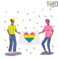 LGBT family two men holding a rainbow flag at the parade - Vector